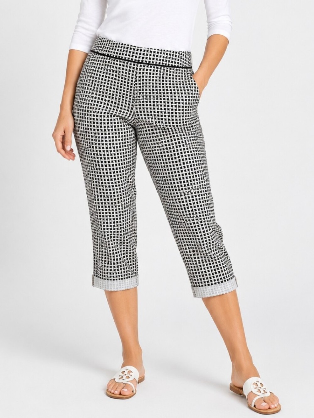 Talbots Black & White Basket Weave Stretch Crop Capri Pants Size 6